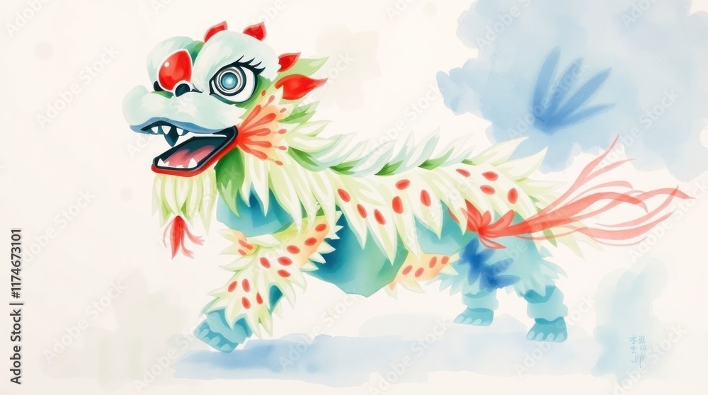 Obraz premium Colorful lion dance costume, Asian art, celebration.