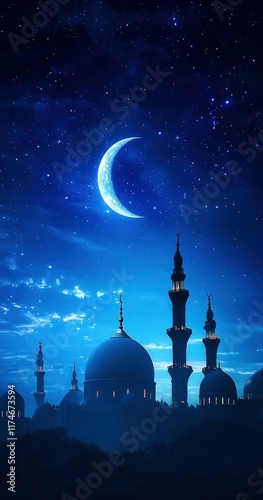 A serene night sky with the crescent moon, stars, and mosque domes silhouetted against it, symbolizing the Ramadan Kareem celebration. A high-quality photo backdrop for photographers' stock images. photo