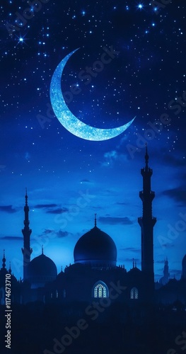 A serene night sky with the crescent moon, stars, and mosque domes silhouetted against it, symbolizing the Ramadan Kareem celebration. A high-quality photo backdrop for photographers' stock images. photo