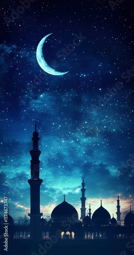 A serene night sky with the crescent moon, stars, and mosque domes silhouetted against it, symbolizing the Ramadan Kareem celebration. A high-quality photo backdrop for photographers' stock images. photo