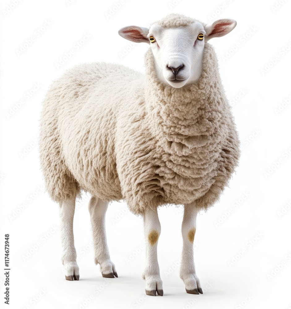 A sheep standing on the ground, looking at the viewer frontally with a white background, 3D rendering, full-body photograph of a real animal, high-definition photography, super details, and a sense A sheep standing on the ground, looking at the viewer frontally with a white background, 3D rendering, full-body photograph of a real animal, high-definition photography, super details, and a sense