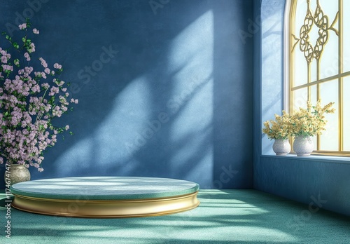 A simple and elegant podium scene with an Islamic theme, featuring gold accents on the circular platform, set against a blue wall background. The room includes subtle green carpeting underfoot photo