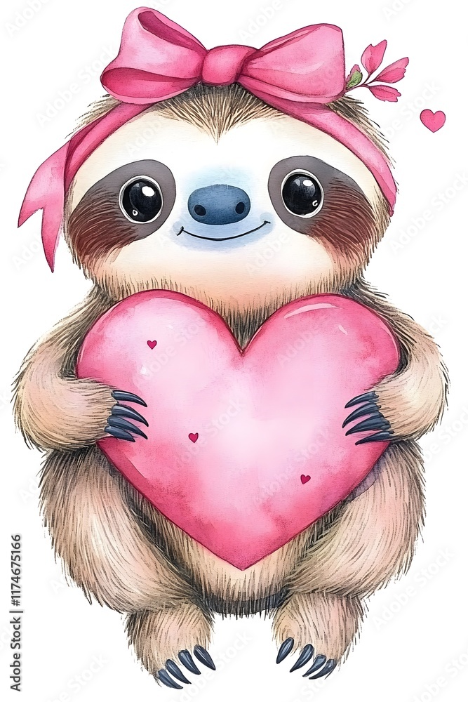 Obraz premium Adorable Valentine s Day Watercolor of a Sloth Holding a Heart Shaped Pillow with a Bow