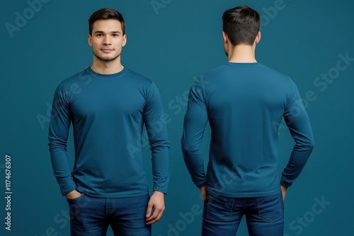 A young man poses in a blue color long sleeve T-shirt mockup in back and front sides, showcasing both front and back views against a solid teal background. He stands confidently with hands in pockets.