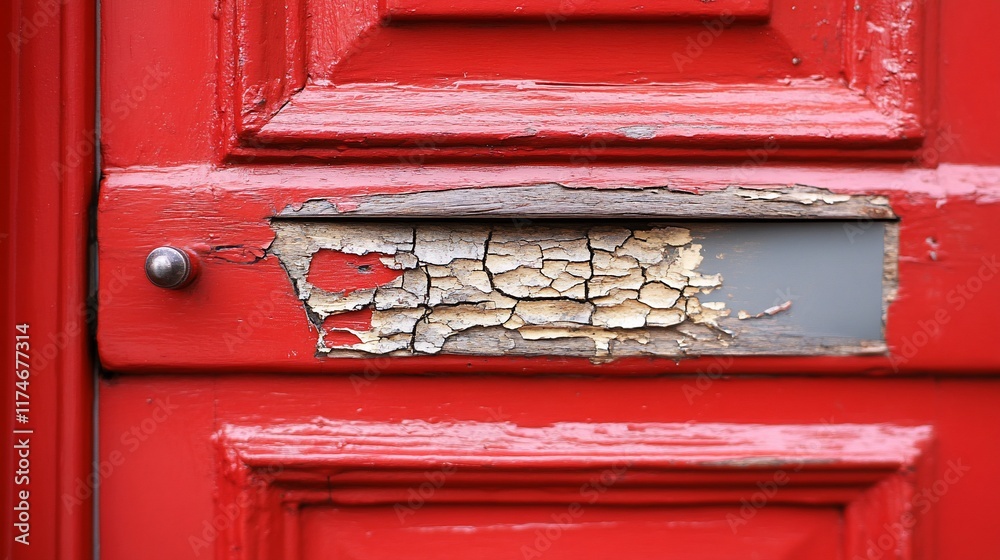 Red door, weathered letterbox, cracked paint, urban setting, architectural detail Red door, weathered letterbox, cracked paint, urban setting, architectural detail