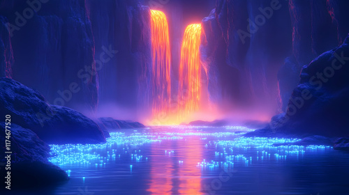 Wallpaper Mural A serene landscape featuring glowing waterfalls and bioluminescent water, creating a mystical ambiance. Torontodigital.ca
