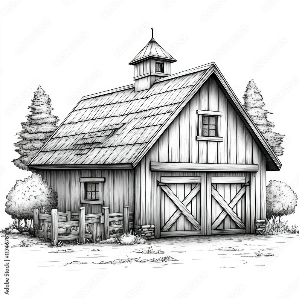 Rustic Wooden Barn Illustration - Architectural Drawing of a Countryside Building Rustic Wooden Barn Illustration - Architectural Drawing of a Countryside Building