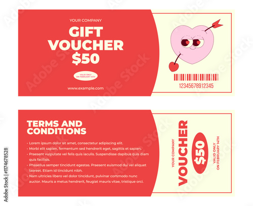 Colorful vintage love gift voucher template. Cute heart character with arrow retro groovy style. Offer details,barcode,other information on two page. Flat vector illustration on white background