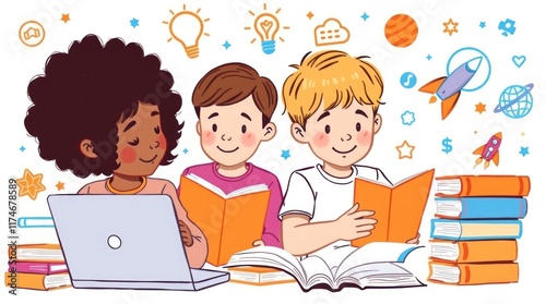 Diverse kids learning, reading books, laptop; space, ideas background; education illustration.
