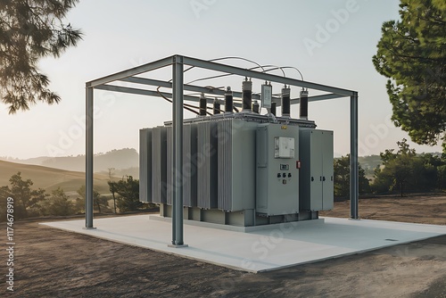 A large power transformer sits on a concrete pad under a metal frame, surrounded by trees and hills at sunrise. The equipment is new and grey.