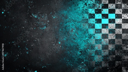 Checkered flag on dark textured background with teal highlights.