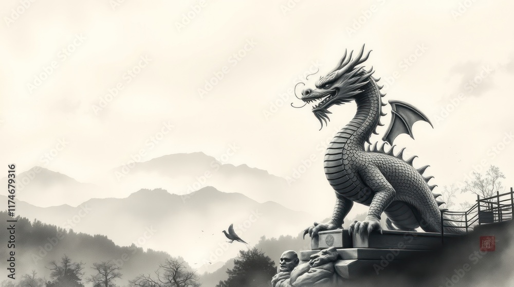 Fototapeta premium Majestic stone dragon statue overlooking misty mountains.