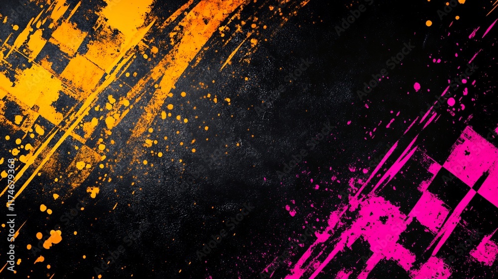 Obraz premium Abstract background with vibrant orange and pink paint splatters on a dark grunge surface.