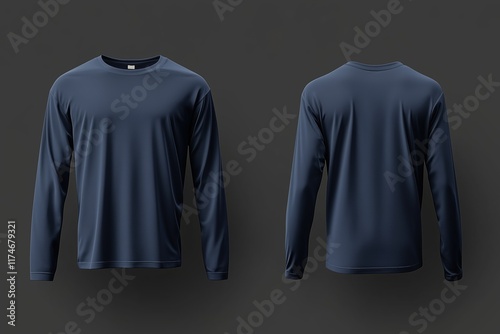 A color long sleeve T-shirt mockup, navy blue from the front and back against a dark background.