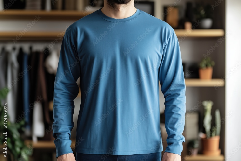 A man wearing a blue color long sleeve T-shirt mockup stands in front of a shelf filled with plants and clothing. The background features a cozy indoor setting with various items displayed. A man wearing a blue color long sleeve T-shirt mockup stands in front of a shelf filled with plants and clothing. The background features a cozy indoor setting with various items displayed.