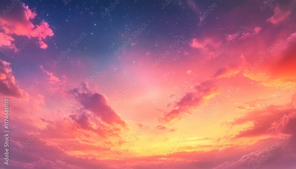 Beautiful, colorful sky with a crescent moon at sunset. Copy space background, Peaceful night in nature in the bottom right corner. Beautiful, colorful sky with a crescent moon at sunset. Copy space background, Peaceful night in nature in the bottom right corner.