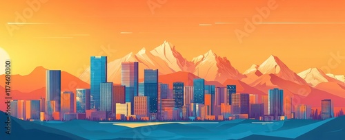 A panoramic view of the skyline of Denver, Colorado, during the golden hour, with the Rocky Mountains in the background and the buildings lit up against an orange sky