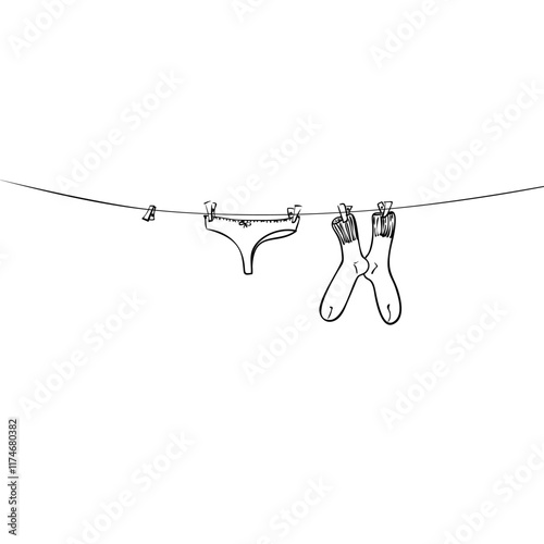 Female panty and socks drying on a rope attached with clothespins, Hand drawn illustration, Vector sketch