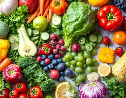 Vibrant Fresh Produce: A Colorful Still Life of Fruits and Vegetables