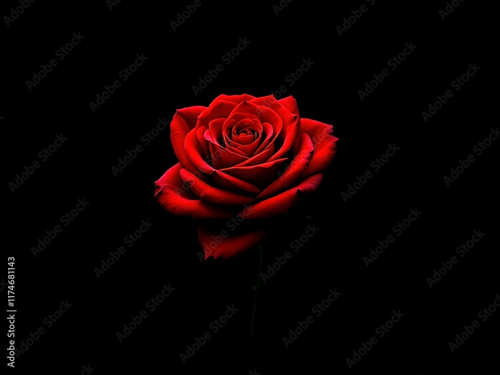 Fototapeta premium Vibrant Red Rose on Black Background Close-Up, Isolated Flower Photograph