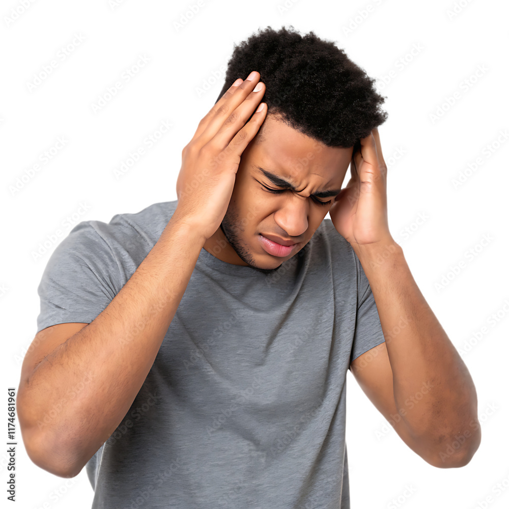 A young African American man with short dark hair holding his head in his hands, appearing stressed or in pain isolated on transparent background A young African American man with short dark hair holding his head in his hands, appearing stressed or in pain isolated on transparent background