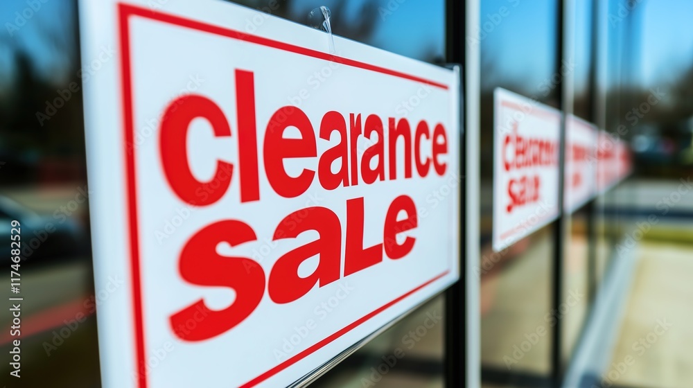 Clearance sale signs displayed prominently in store windows, attracting shoppers with enticing discounts and promotions, reflecting the excitement and urgency of retail bargains. Clearance sale signs displayed prominently in store windows, attracting shoppers with enticing discounts and promotions, reflecting the excitement and urgency of retail bargains.