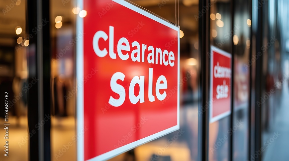 Clearance sale signs displayed prominently in store windows, attracting shoppers with enticing discounts and promotions, reflecting the excitement and urgency of retail bargains. Clearance sale signs displayed prominently in store windows, attracting shoppers with enticing discounts and promotions, reflecting the excitement and urgency of retail bargains.