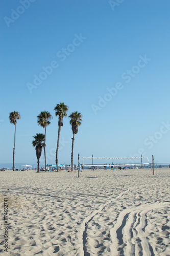 Empty beach volleyball courts and palm trees