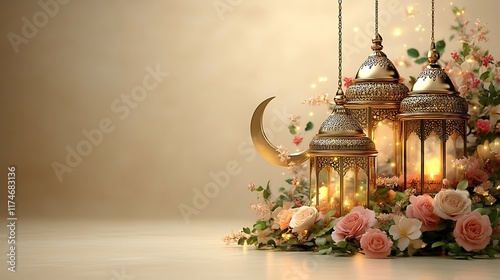 Elegant Golden Lanterns Roses Crescent Moon Festive Decor photo