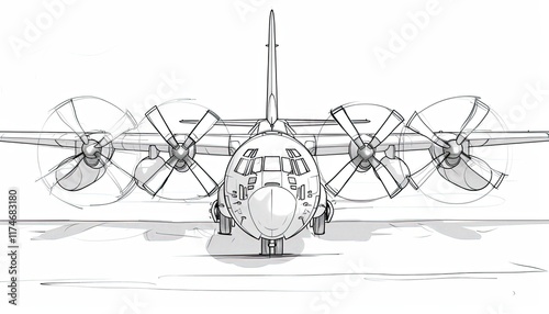 Front view line art drawing of a Lockheed C-130 Hercules military transport aircraft. Ideal for aviation enthusiasts, coloring books, or technical illustrations.