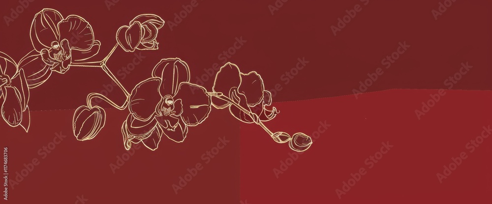 Chinese New Year Red Background with Elegant Chinese-Style Line Drawing Orchid Decoration Pattern, copy space for text or creative graphics. Chinese New Year Red Background with Elegant Chinese-Style Line Drawing Orchid Decoration Pattern, copy space for text or creative graphics.