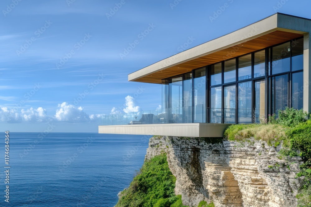 A luxurious cliffside villa with panoramic ocean-facing windows and a modern pivot glass door, blending elegance and nature