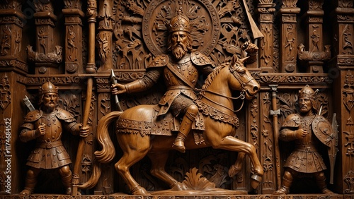 A bold wooden carving of Richard the Lionheart, depicted in battle, surrounded by carved swords, shields, and medieval banners.