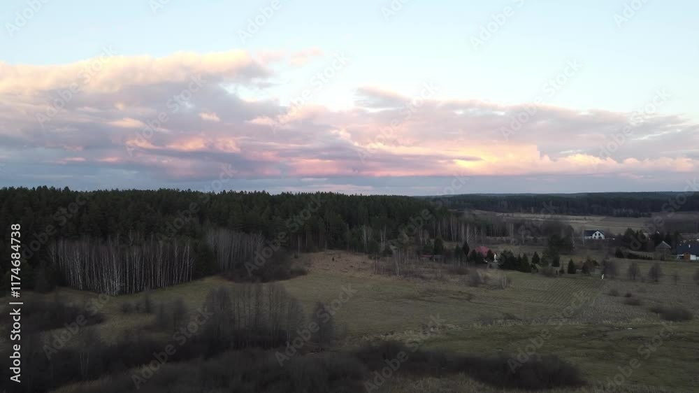 Aerial view of village in Poland at sunrise. Drone shot flying over spruce conifer treetops, nature background footage in 4K resolution Aerial view of village in Poland at sunrise. Drone shot flying over spruce conifer treetops, nature background footage in 4K resolution
