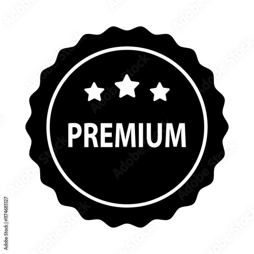 Premium label badge glyph icon. Business, product quality, sale, promotion, guarantee, marketing, advertising concepts. Flat vector design isolated illustration. 