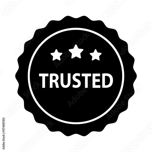 Trusted label badge glyph icon. Business, product quality, sale, promotion, guarantee, marketing, advertising concepts. Flat vector design isolated illustration. 