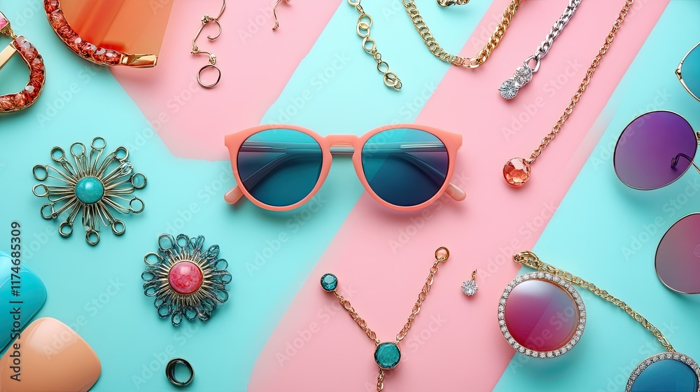 Naklejka premium Summer Fashion Accessories Flatlay: Sunglasses, Jewelry, and Pastel Colors