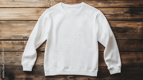 木製背景に無地の長袖Tシャツ