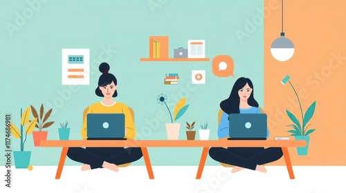 Two women work remotely from home office.