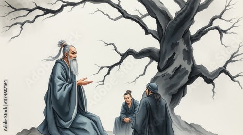 Elderly teacher instructs students outdoors, under a large tree, misty background; ideal for education, philosophy, or history.