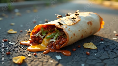 Close-Up of Houseflies Swarming Over Scattered burito or kebab on a Dirty Outdoor Surface, Highlighting Food Waste, Hygiene Risks, and Contamination Issues