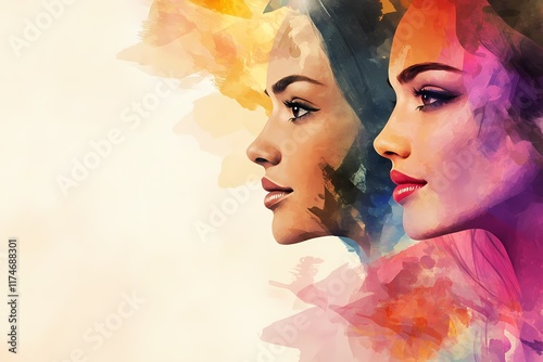 A colorful and vibrant watercolors poster for International Women's Day concept - Blank background with enough copy space (Depicts the concept of multiracialism, friendship, diversity, female power)