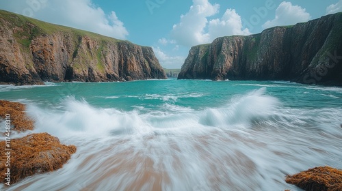 Serene coastal inlet with turquoise water, crashing waves, and sandy beach nestled between dramatic cliffs under a bright sky.
