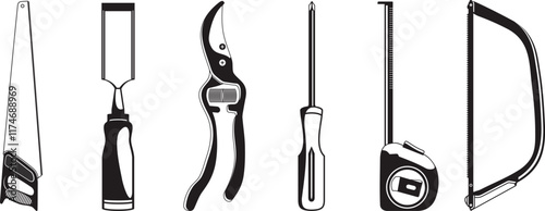 Set of hand tools illustration - saw, chisel, pruner, screwdriver, measuring tape, and hacksaw for DIY and repairs
