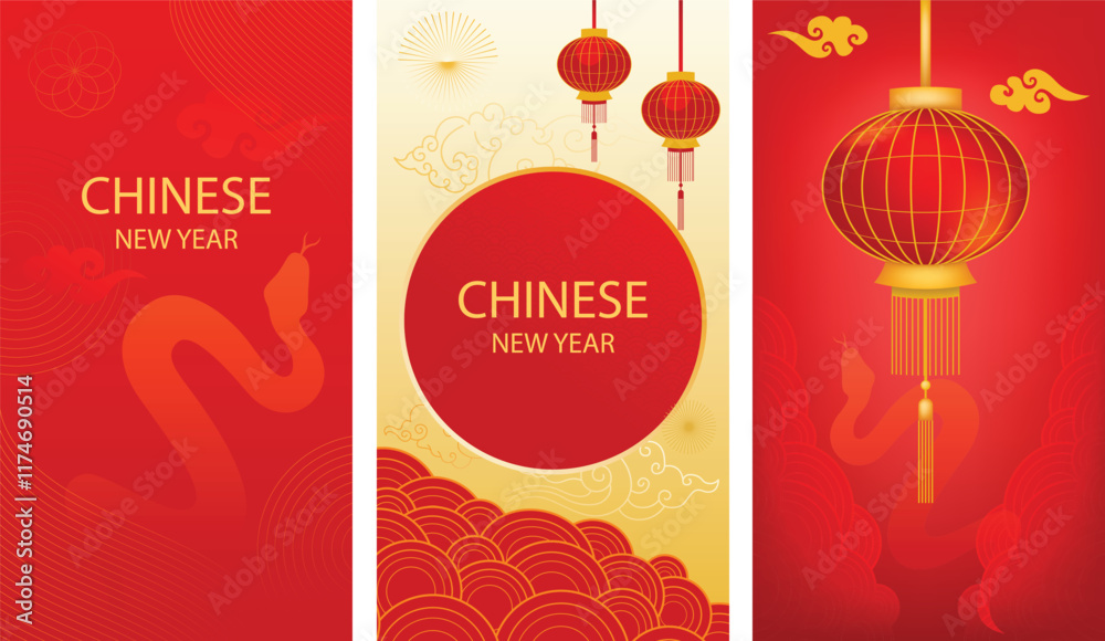 Naklejka premium Happy Chinese New Year cover background vector. Year of the dragon design with golden chinese lantern 3d and coin 3d. Elegant oriental illustration for cover, banner, website, calendar.