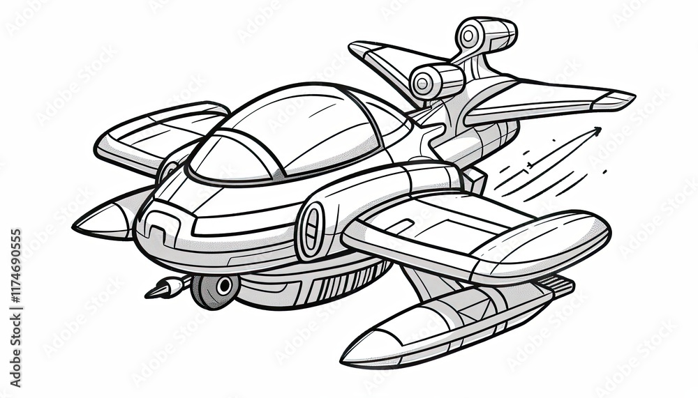 A quirky cartoon spaceship with a bubble cockpit and pontoons perfect for a kids game or animated series. Its retro-futuristic design adds a playful touch. A quirky cartoon spaceship with a bubble cockpit and pontoons perfect for a kids game or animated series. Its retro-futuristic design adds a playful touch.