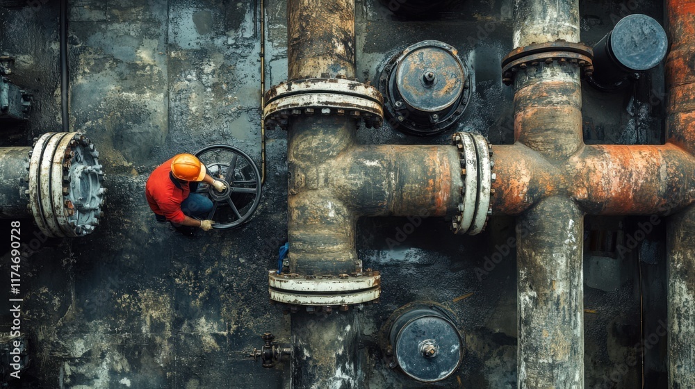 A man in an orange shirt is working on a rusty pipe A man in an orange shirt is working on a rusty pipe
