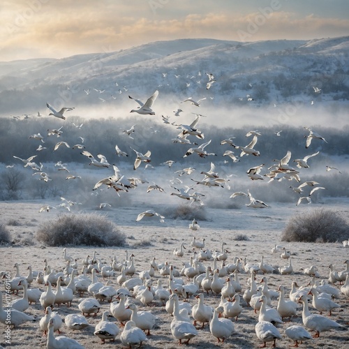 A flock of white geese flying over a frosted valley.
