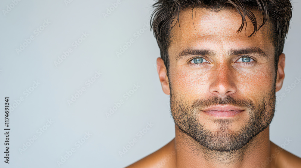 Fototapeta premium Confident man with blue eyes and strong jawline, smiling softly