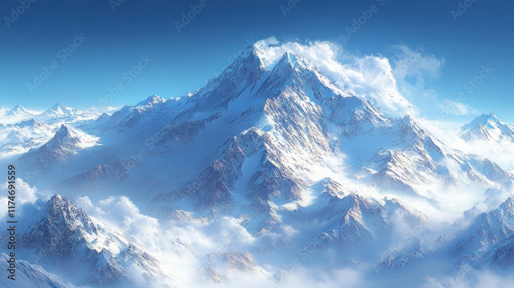 Majestic snow-capped mountain peak piercing through clouds under a vibrant blue sky. Majestic snow-capped mountain peak piercing through clouds under a vibrant blue sky.